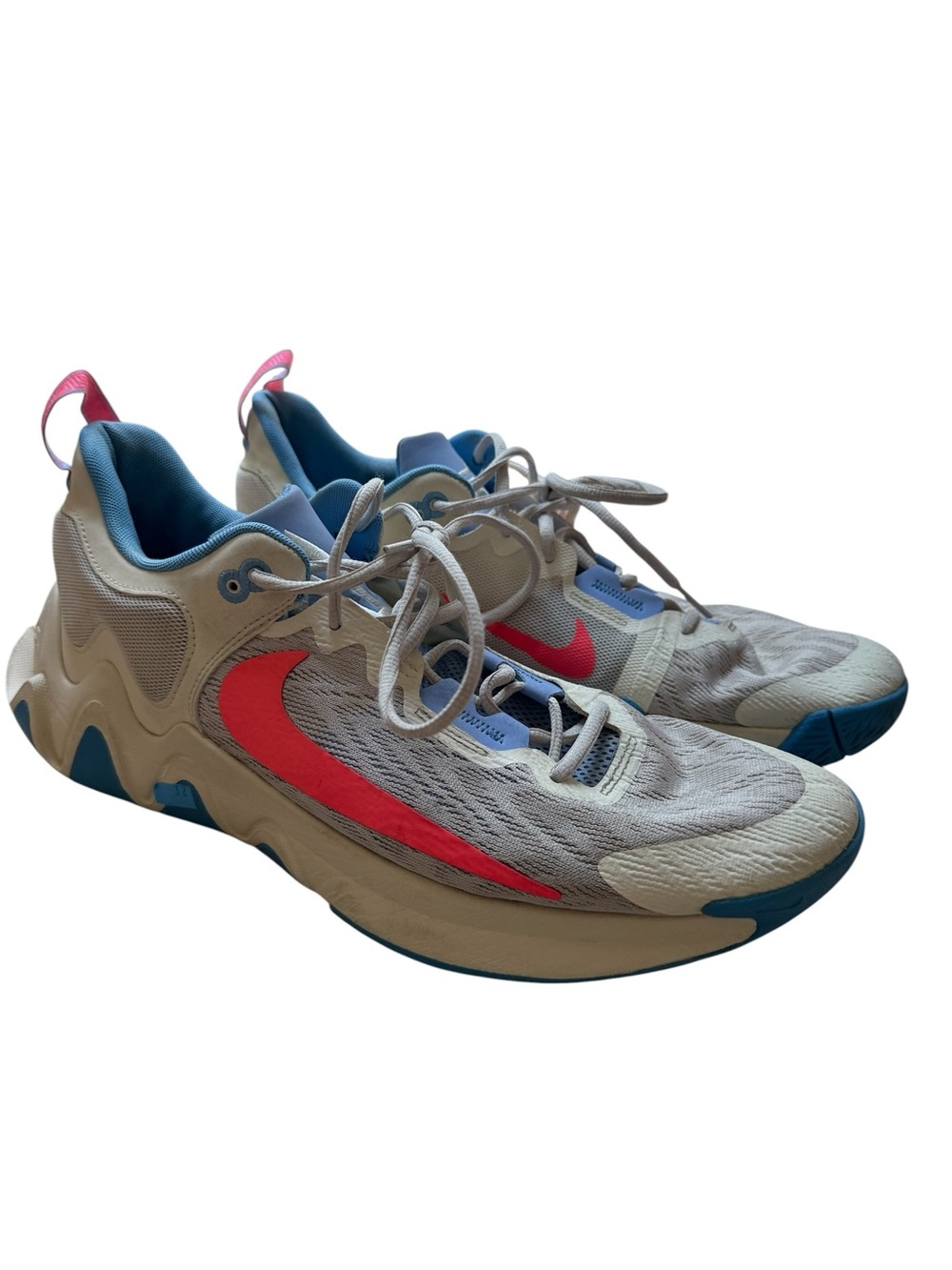 Nike Men’s Cream/White Athletic Sneakers with Pink Swoosh and Blue Accents